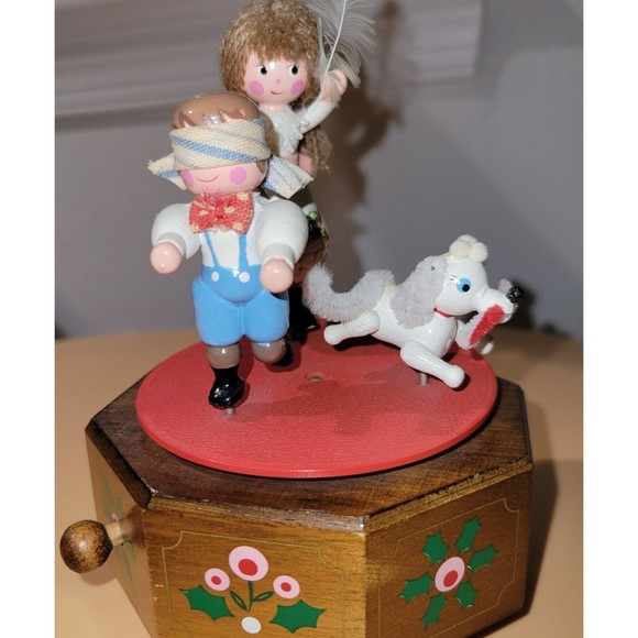 Kurt Adler Musical We Wish You a Merry Christmas Girl Boy Dog Rotate Wood 1983 - Picture 16 of 16